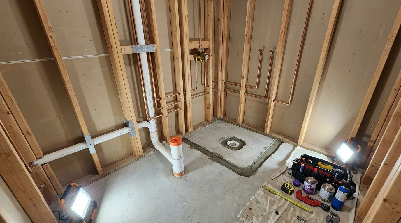 Bathroom rough-in plumbing during remodel by Johns Plumbing LLC in Buchanan Dam