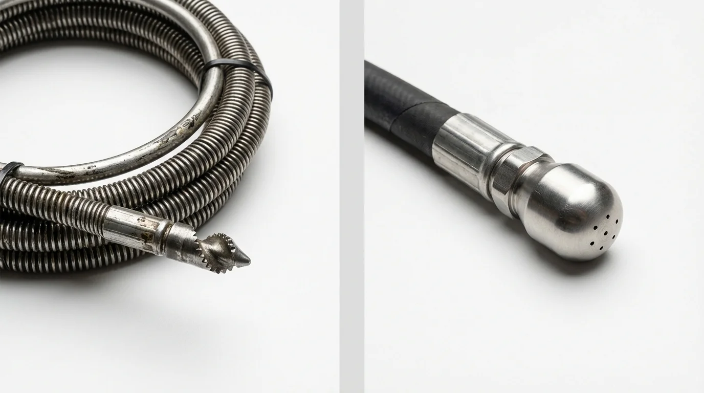 Drain snake cable and hydro jetting nozzle used for drain cleaning in Buchanan Dam, TX