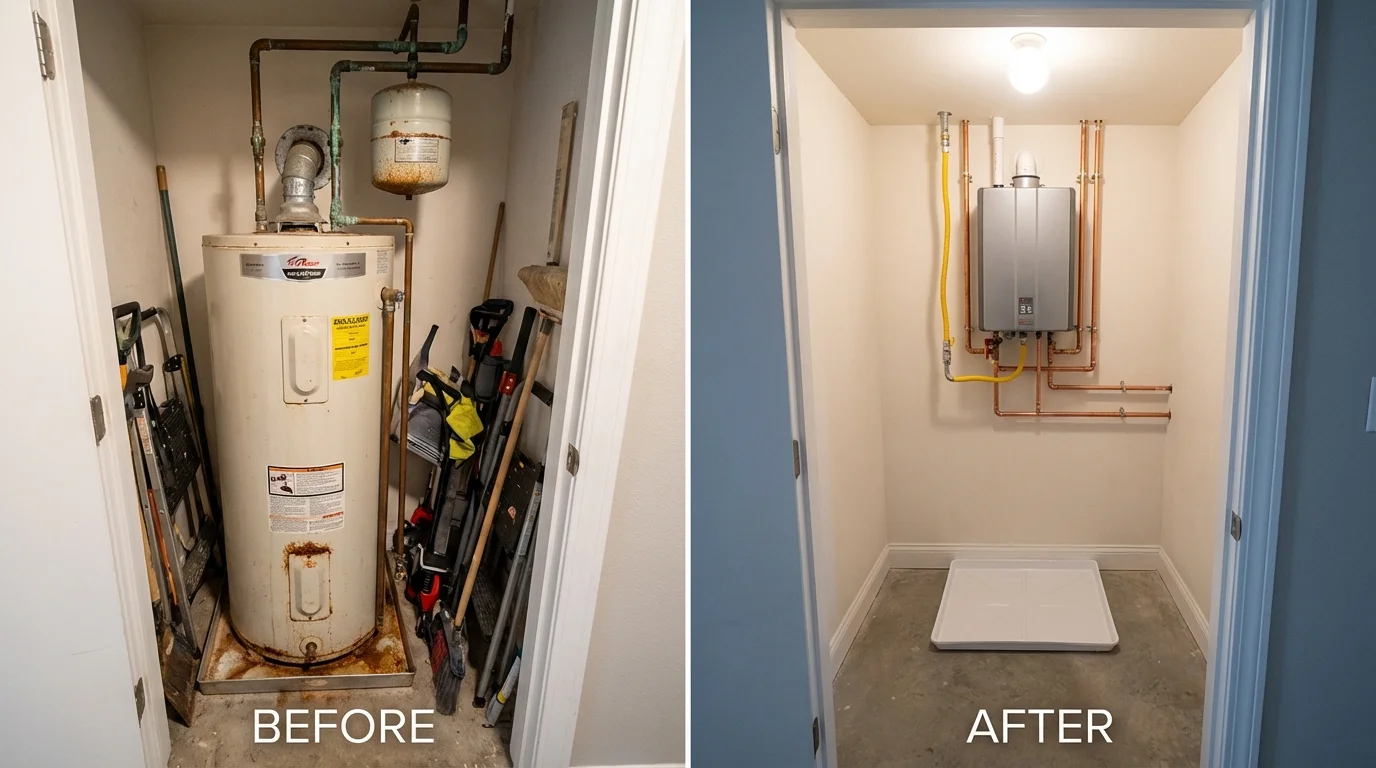 Tank water heater versus wall-mounted tankless unit comparison for Buchanan Dam, TX homeowners