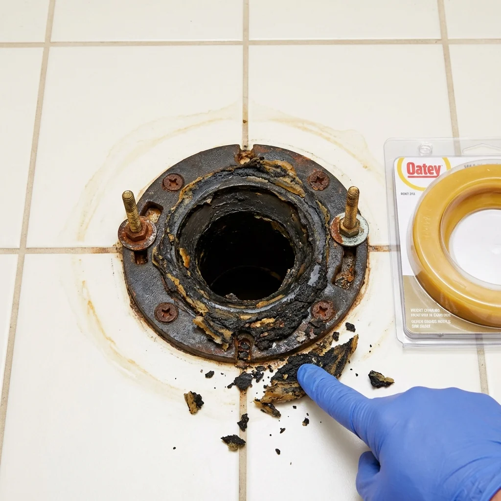 Failed wax ring showing water seepage at the base of a toilet in a Buchanan Dam, TX home
