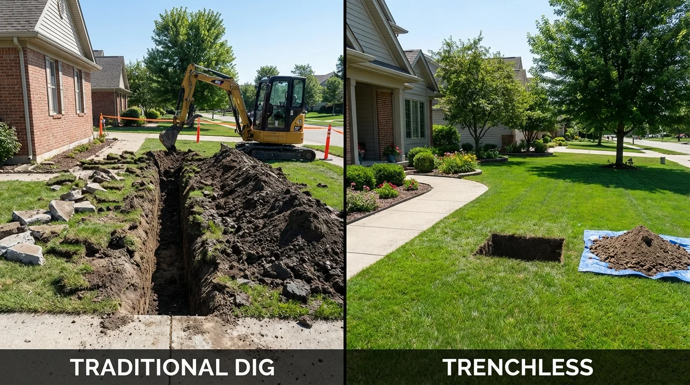 Trenchless sewer repair with minimal yard damage versus traditional excavation in Buchanan Dam, TX